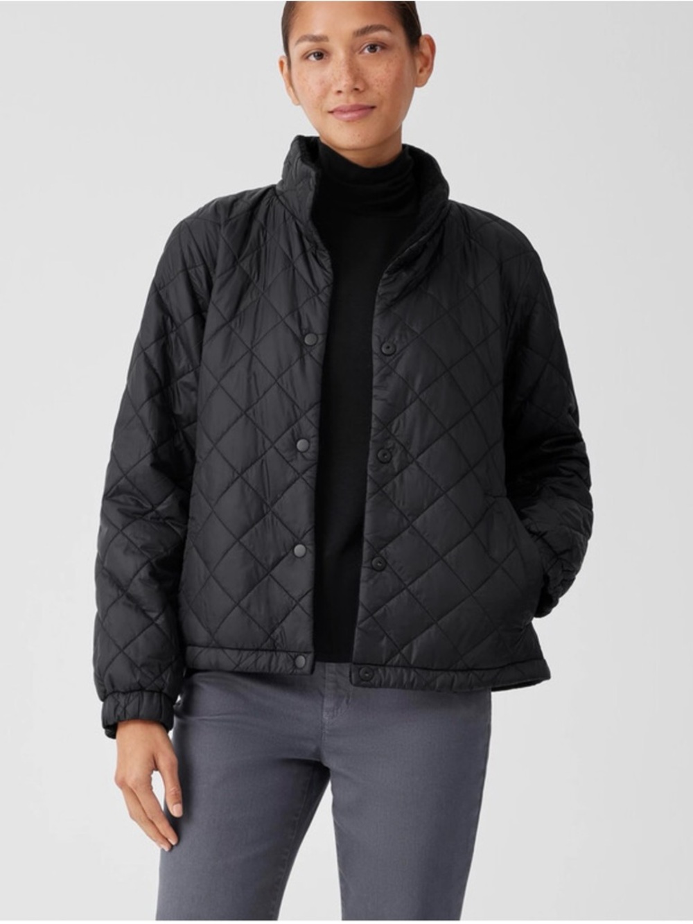 Eileen Fisher Eggshell Quilted Black Lightweight Nylon Reversible Jacket Coat